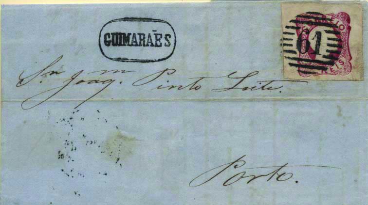 0413.jpg -     Lote:    413            Portugal        Descrição:         1856/58 &mdash; D. Pedro V. Cabelos anelados. CE13, 25 reis carmim rosa, com margens excepcionais, cunho V, circulada de Guimarães (03.01.59) para o Porto (04.06.59). Carimbos batidos a preto: nominativo "GUIMARÃES" e numérico da 1.ª reforma "61" tipo 3:5:3. B.        Carta       Valor Base:     &euro; 20,00     Valor Venda:     &euro; 20,00     