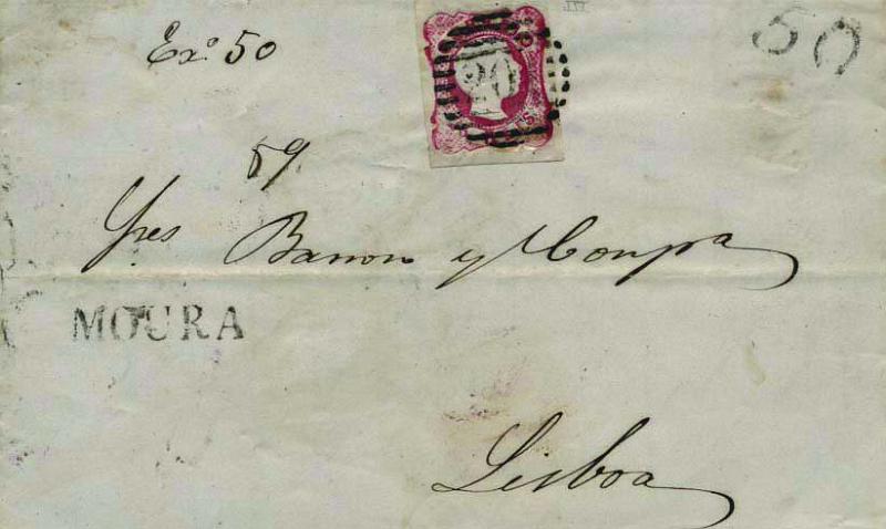 0414.jpg -     Lote:    414            Portugal        Descrição:         1856/58 &mdash; D. Pedro V, cabelos anelados. CE13, 25 reis carmim, tipo III, em carta com excesso de peso para a franquia, circulada de Moura (17.03.59) para Lisboa (21.03.59). Foi porteada com o dobro do 2.º porte em falta com selo fixo de 50 reis batido a preto. MB. Certificado de expertização do NFACP.        Carta       Valor Base:     &euro; 30,00     Valor Venda:     &euro; 40,00     