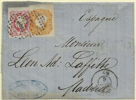 0416.jpg -     Lote:    416            Portugal        Descrição:         1862/64 &mdash; D. Luís I. Carta circulada de Lisboa (27.06.65) para Madrid (30.06.65) com selos de 10 reis amarelo e 25 reis carmim, CE15/16. B e R.        Carta       Valor Base:     &euro; 30,00     Valor Venda:     &euro; 30,00     