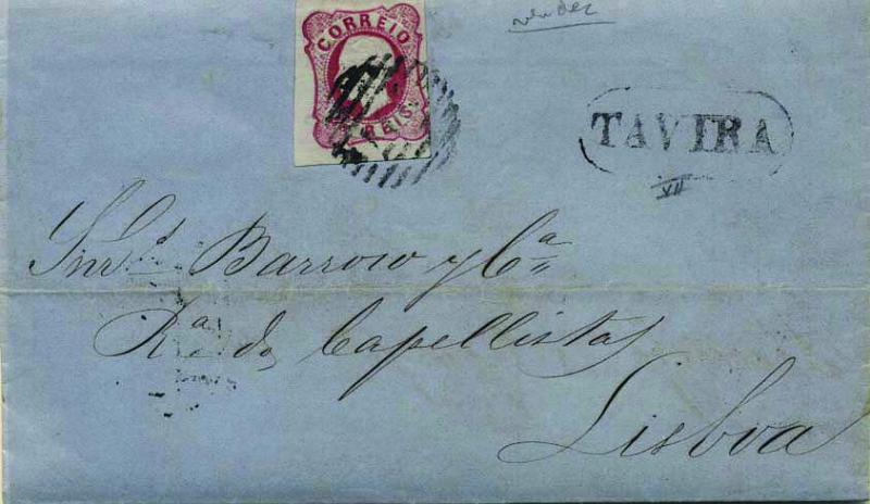 0417.jpg -     Lote:    417            Portugal        Descrição:         1862/64 &mdash; D. Luís. CE16, 25 reis carmim em carta circulada de Tavira para Lisboa (16.09.65) com trânsito por Faro (16.09.65). Carimbo nominativo batido a preto de "TAVIRA" (GM TVR4).        Carta       Valor Base:     &euro; 12,00     Valor Venda:     &euro; 32,00     