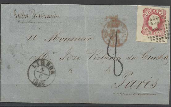 0418.jpg -     Lote:    418            Portugal        Descrição:         1862/64 &mdash; D. Luís I. Capa de carta remetida de Lisboa (04.06.66) para Paris, com trânsito por Badajoz (05.06.66) com selo de 25 reis carmim rosa CE16, com margens de luxo, para pagamento do porte territorial. Foi porteada à chegada.        Carta       Valor Base:     &euro; 20,00     Valor Venda:     &euro; 26,00     