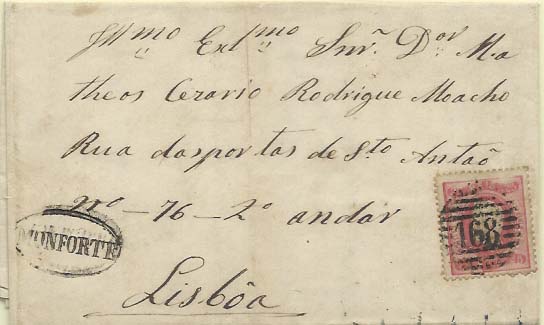 0419.jpg -     Lote:    419            Portugal        Descrição:         1867/70 &mdash; D. Luís I. Fita curva, denteados. Carta circulada de Monforte para Lisboa (06.03.69) com selo de 25 reis carmim rosa, CE30. Carimbo nominativo de "MONFORTE" (raridade 90 &mdash; Gordon) e numérico da 1.ª reforma "168", tipo 4.3.4, batidos a preto.         Carta       Valor Base:     &euro; 30,00     Valor Venda:     &euro; 80,00     