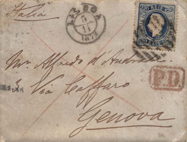 0420.jpg -     Lote:    420            Portugal        Descrição:         1867/70 &mdash; D. Luís I. Fita curva. Denteados. CE34, 120 reis azul sobre sobrescrito circulado de Lisboa (05.11.1872) para Génova (11.11.72) com trânsito por Torino /10.11.72). B.         Carta       Valor Base:     &euro; 40,00     Valor Venda:     Retirado     