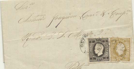 0421.jpg -     Lote:    421            Portugal        Descrição:         1870/76 &mdash; D. Luís I, fita direita. Carta circulada de Guimarães (17.05.80) para o Porto (18.05.80) com selos de 5 reis e 20 reis, ambos em denteado 12 &frac12;, papel liso, CE36 e 39. Certificado de Peritagem do NFACP.        Carta       Valor Base:     &euro; 25,00     Valor Venda:     &euro; 34,00     