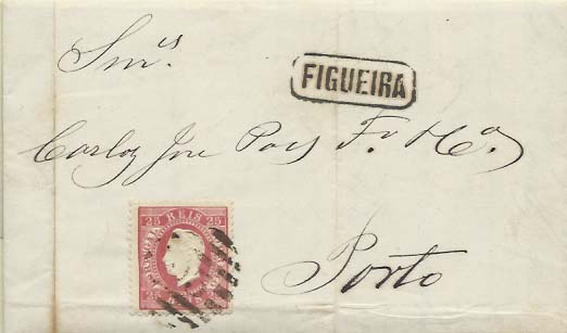 0424.jpg -     Lote:    424            Portugal        Descrição:         1870/76 &mdash; D. Luís, fita direita. Carta circulada da Figueira para o Porto (22.07.73) com selo de 25 reis carmim, denteado 12 &frac12;, CE40. Carimbo nominativo batido a preto "FIGUEIRA".        Carta       Valor Base:     &euro; 10,00     Valor Venda:     &euro; 10,00     