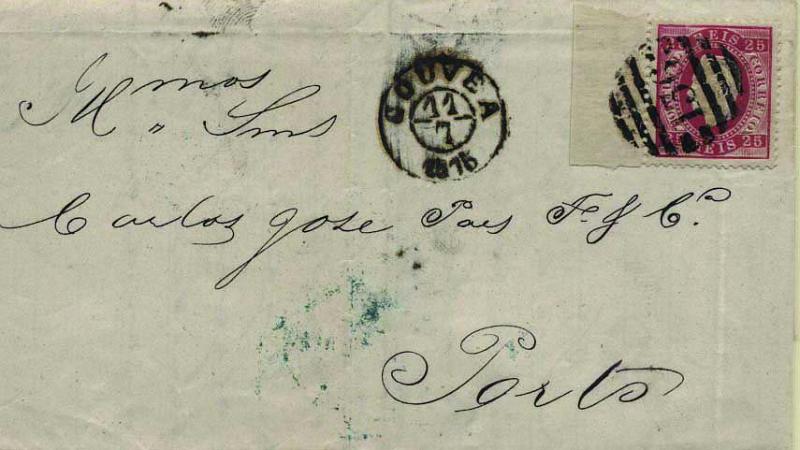 0425.jpg -     Lote:    425            Portugal        Descrição:         1870/76 &mdash; D. Luís I. Fita direita. CE40, 25 reis carmim, denteado 12 &frac12;, em carta circulada de Gouveia (11.07.75) para o Porto (12.07.75): Carimbos batidos a preto: circular datado "GOUVEA" e numérico da 2.ª reforma "136". MB.        Carta       Valor Base:     &euro; 20,00     Valor Venda:     &euro; 28,00     