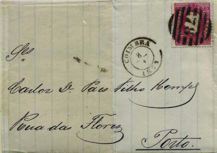 0426.jpg -     Lote:    426            Portugal        Descrição:         1870/76 &mdash; D. Luís I. Fita direita. CE40, 25 reis carmim, denteado 12 &frac12;, em carta circulada de Coimbra (08.01.73) para o Porto (09.01.73): Carimbos batidos a preto: circular datado "COIMBRA" e numérico da 2.ª reforma "78". MB.        Carta       Valor Base:     &euro; 12,00     Valor Venda:     &euro; 14,00     