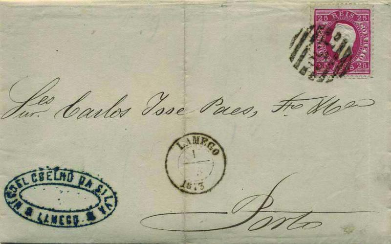 0427.jpg -     Lote:    427            Portugal        Descrição:         1870/76 &mdash; D. Luís I. Fita direita. CE40, 25 reis carmim, denteado 12 &frac12;, em carta circulada de Lamego (15.05.73) para o Porto (16.05.73): Carimbos batidos a preto: circular datado "LAMEGO" e numérico da 2.ª reforma "138". MB.        Carta       Valor Base:     &euro; 12,00     Valor Venda:     &euro; 16,00     