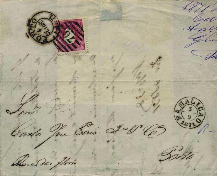 0429.jpg -     Lote:    429            Portugal        Descrição:         1870/76 &mdash; D. Luís I. Fita direita. CE40, 25 reis carmim, denteado 12 &frac12;, circulado de Famalicão (03.09.71) para o Porto (04.09.71). Carimbo circular datado de FAMALICÃO e numérico ca 2.ª reforma "76". Todos bem batidos. MB.        Carta       Valor Base:     &euro; 20,00     Valor Venda:     &euro; 20,00     