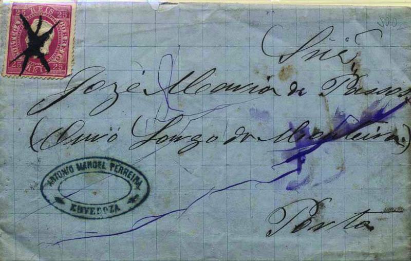 0430.jpg -     Lote:    430            Portugal        Descrição:         Obliterações manuscritas mudas. 1870/76 &mdash; D. Luís I. Fita direita. CE40, 25 reis carmim, papel liso, denteado 13 &frac12;, circulada de Ervedoza (27.11.78) para o Porto (30.11.78). Selo obliterado a pena. Selo com falta de um canto.        Carta       Valor Base:     &euro; 25,00     Valor Venda:     Retirado     