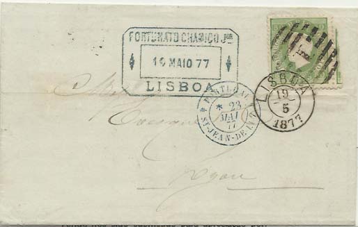 0431.jpg -     Lote:    431            Portugal        Descrição:         1870/76 &mdash; D. Luís I. Fita direita. OM41, 50 reis, tipo I, em papel liso, denteado 12 &frac12; em carta circulada de Lisboa (19.05.77) para França.        Carta       Valor Base:     &euro; 20,00     Valor Venda:     Retirado     