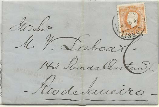 0432.jpg -     Lote:    432            Portugal        Descrição:         1870/76 &mdash; D. Luís I. Fita direita. OM42, 80 reis laranja, denteado 13 &frac12;, papel porcelana, em carta circulada de Lisboa (16.06.86) para o Rio de Janeiro. MB. Certificado de Peritagem do NFACP.         Carta       Valor Base:     &euro; 20,00     Valor Venda:     &euro; 26,00     