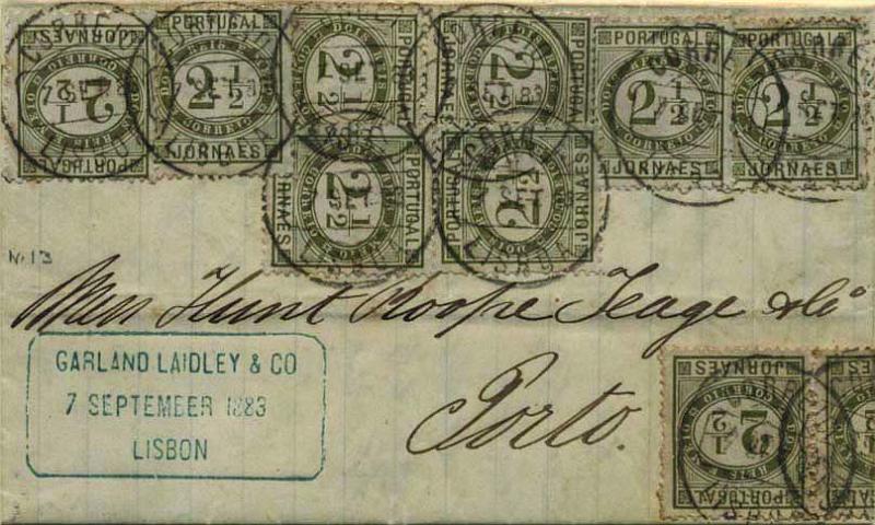 0433.jpg -     Lote:    433            Portugal        Descrição:         1876 &mdash; Jornaes. Carta circulada de Lisboa (07.03.83) para o Porto (08.09.83) com 10 selos de 2 &frac12; reis verde oliva, denteado 12 &frac12;, papel liso CE48. Selos para jornais utilizados como selos de recurso para correspondências ordinárias. MB e MR.        Carta       Valor Base:     &euro; 75,00     Valor Venda:     &euro; 100,00     