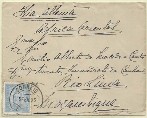 0435.jpg -     Lote:    435            Portugal        Descrição:         1892/1893 &mdash; D. Carlos I tipo Diogo Neto. CE71, 50 reis azul claro, denteado 11 &frac12;, papel porcelana, em carta circulada de Lisboa (06.02.95) pelos paquetes alemães para a Canhoneira Lima em Moçambique (13.03.95). B e R.        Carta       Valor Base:     &euro; 25,00     Valor Venda:     &euro; 42,00     