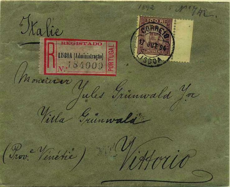 0436.jpg -     Lote:    436            Portugal        Descrição:         1892/93 &mdash; D. Carlos I tipo Diogo Neto. Sobrescrito circulado registado de Lisboa (17.10.94) para Itália (22.10.94) com selo de 100 reis castanho s/ amarelo, denteado 11 &frac12;, papel porcelana, CE73. MB.        Carta       Valor Base:     &euro; 25,00     Valor Venda:     &euro; 38,00     