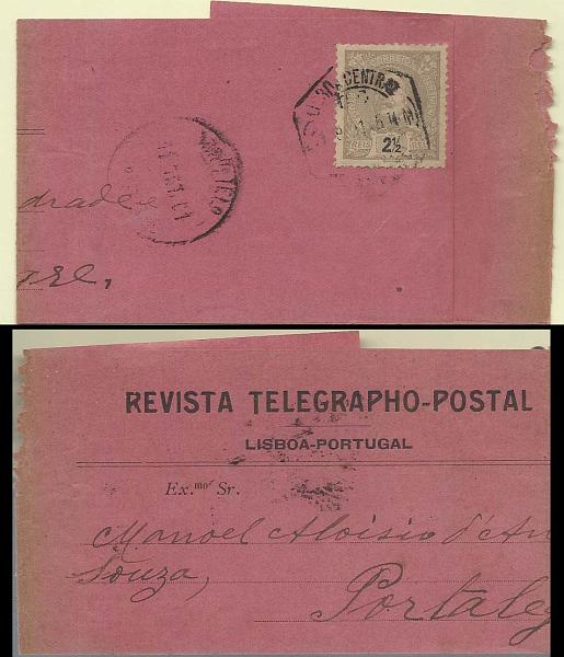 0438.jpg -     Lote:    438            Portugal        Descrição:         1895/96 &mdash; D. Carlos I Mouchon. CE126, 2 &frac12; reis cinzento sobre cinta da Revista Telegrapho-Postal, circulada de Lisboa (10.09.01) para Portalegre (11.09.01).        CNT       Valor Base:     &euro; 10,00     Valor Venda:     Retirado     
