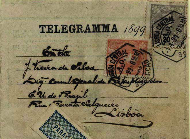 0440.jpg -     Lote:    440            Portugal        Descrição:         1895/96 &mdash; D. Carlos I tipo Mouchon. Telegrama de Boas Festas modelo para 1899, Inscrição "Porte Alegre", circulado em Lisboa (01.01.99) com selos de 5 e 20 reis, CE127 e 130. MB e MR.        TLG       Valor Base:     &euro; 50,00     Valor Venda:     Retirado     