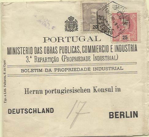 0441.jpg -     Lote:    441            Portugal        Descrição:         1895/1905 &mdash; D. Carlos I tipo Mouchon. Cinta do Boletim da Propriedade Industrial, circulado de Lisboa (10.11.02) para a Alemanha, com selos de 20 reis violeta e 25 reis carmim, CE130 e 141. B e R.        CNT       Valor Base:     &euro; 20,00     Valor Venda:     Retirado     