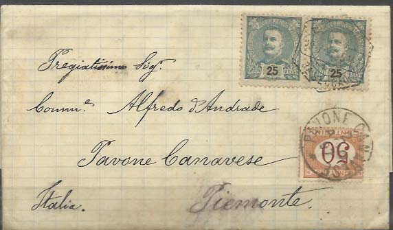 0442.jpg -     Lote:    442            Portugal        Descrição:         1895/96 &mdash; D. Carlos I Mouchon. CE131, 25 reis verde azul. Par em carta circulada de Lisboa (29.07.97) para Itália (02.08.97), porteada à chegada com 50c (provável serviço de posta restante).        Carta       Valor Base:     &euro; 20,00     Valor Venda:     &euro; 32,00     