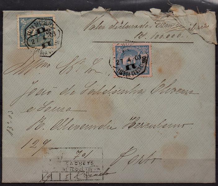 0443.jpg -     Lote:    443            Portugal        Descrição:         1895/96 &mdash; D. Carlos I Mouchon. Valor declarado de 100.000 reis circulado de Lisboa (27.04.03) para o Porto (28.04.03) com selos de 50 reis azul e 300 reis azul s/ rosa CE132 e 138. Ligeiro defeito no sobrescrito. B e R.        Carta       Valor Base:     &euro; 70,00     Valor Venda:     &euro; 180,00     