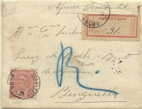 0444.jpg -     Lote:    444            Portugal        Descrição:         1895/1905 &mdash; D. Carlos I tipo Mouchon. CE133, 75 reis carmim rosa em carta circulada registada de Arcos (03.01.03) para Benguela (02.02.03) com trânsito por Lisboa (05.01.03). Tabela de portes em vigor de 23.05.1901 a 30.06.1912. MB.        Carta       Valor Base:     &euro; 20,00     Valor Venda:     &euro; 44,00     