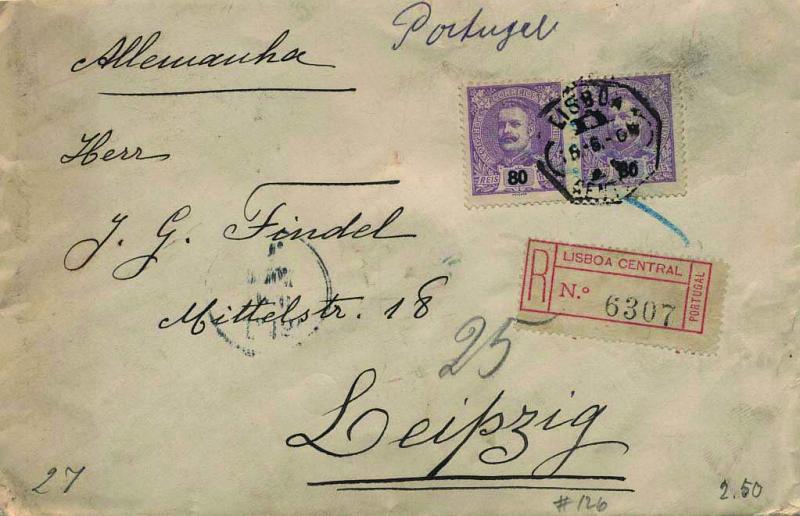 0445.jpg -     Lote:    445            Portugal        Descrição:         1895/96 &mdash; D. Carlos I tipo Mouchon. Sobrescrito circulado registado de Lisboa (15.06.02) para Leipzig (19.06.02) com par de selos de 80 reis lilás CE134. MB.        Carta       Valor Base:     &euro; 25,00     Valor Venda:     &euro; 44,00     