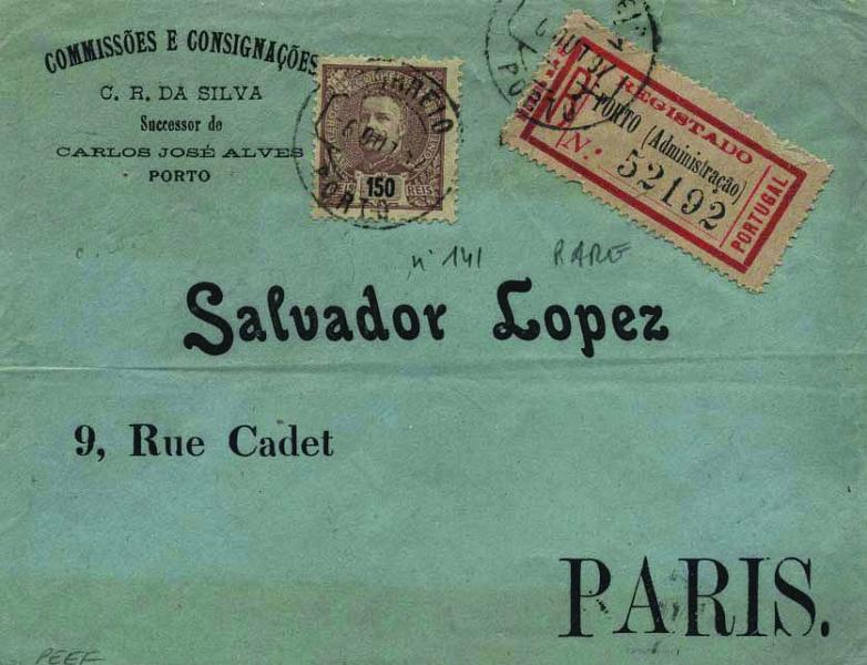 0447.jpg -     Lote:    447            Portugal        Descrição:         1895/96 &mdash; D. Carlos I tipo Mouchon. Sobrescrito circulado registado do Porto (06.10.97) para Paris (08.10.97) com selo de 150 reis castanho CE136 (2.º porte + registo). Selo muito raro em carta (conhecidos apenas 6 exemplares).        Carta       Valor Base:     &euro; 200,00     Valor Venda:     &euro; 260,00     