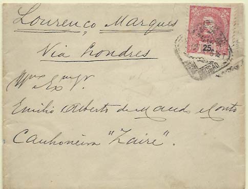 0449.jpg -     Lote:    449            Portugal        Descrição:         1898/1905 &mdash; D. Carlos I tipo Mouchon. CE141, 25 reis carmim, sobre carta remetida de Lisboa (04.12.11) via Londres, para a Canhoneira Zaire em Lourenço Marques. 1.º porte para as colónias (23.05.1901 &mdash; 30.06.1912).        Carta       Valor Base:     &euro; 15,00     Valor Venda:     &euro; 32,00     