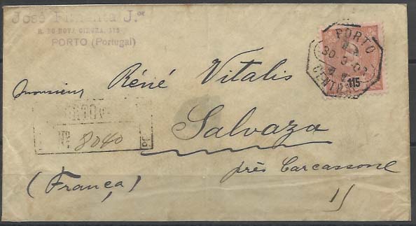 0450.jpg -     Lote:    450            Portugal        Descrição:         1898/1905 &mdash; D. Carlos I Mouchon. Novas cores e valores. CE145, 115 reis laranja s/ rosa em sobrescrito circulado registado do Porto (30.03.03) para a França. MB e MR.        Carta       Valor Base:     &euro; 20,00     Valor Venda:     Retirado     