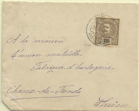 0452.jpg -     Lote:    452            Portugal        Descrição:         1898/1905 &mdash; D. Carlos I Mouchon. Novas cores e valores. CE146, 130 reis castanho s/ amarelo em sobrescrito circulado de Santo Tirso (30.05..01) para a Suíça (02.06.01). MB e MR.        Carta       Valor Base:     &euro; 25,00     Valor Venda:     &euro; 26,00     