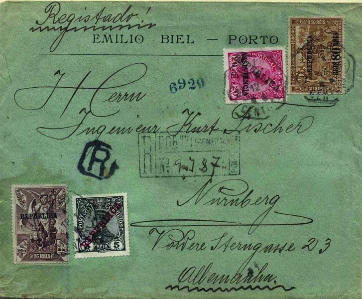0455.jpg -     Lote:    455            Portugal        Descrição:         1910/1911 &mdash; D. Manuel II com sobrecarga REPUBLICA + D. Manuel II com sobrecarga REPUBLICA e ASSISTÊNCIA + 4.º Centenário do Descobrimento do Caminho Marítimo para a Índia, selos da Madeira e do Continente com sobrecarga REPUBLICA e sobretaxa. Sobrescrito circulado registado do Porto (27.12.11) para a Alemanha (30.12.11) com selos de 5 CE171 + selo de 80 reis s/ 150 reis bistre CE189 + selo de 75 reis castanho lilás CE202 + selo de 20 reis do imposto postal (não devido para o estrangeiro). MB.        Carta       Valor Base:     &euro; 100,00     Valor Venda:     Retirado     