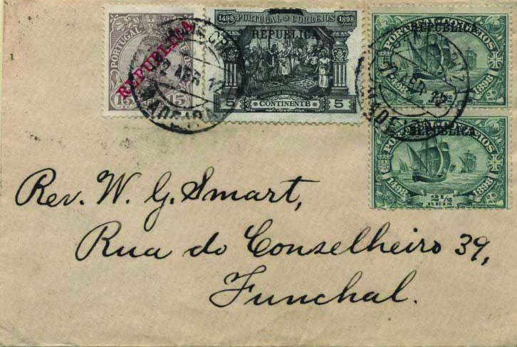 0456.jpg -     Lote:    456            Portugal        Descrição:         1910/11 &mdash; D. Manuel II + Centenário da Índia com sobrecarga REPUBLICA + Centenário da Índia, selos de Porteado com sobrecarga REPUBLICA. Sobrescrito circulado de Santa Cruz / Madeira (22.04.12) para o Funchal (23.04.12) com selos de 15 reis CE173, 2 x 2 &frac12; reis CE184 e 5 reis CE192. MB.        Carta       Valor Base:     &euro; 30,00     Valor Venda:     Retirado     