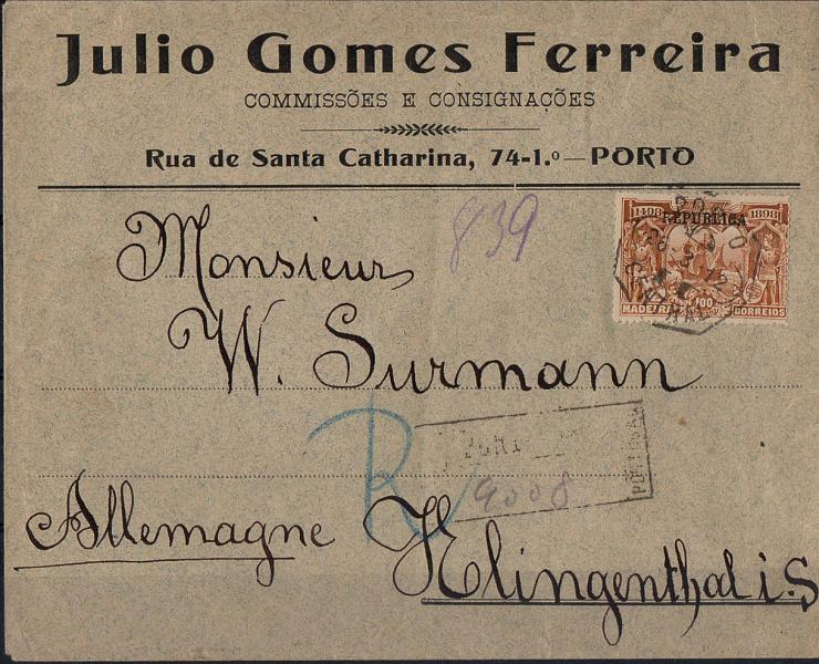 0458.jpg -     Lote:    458            Portugal        Descrição:         1911 &mdash; 4.º Centenário do Descobrimento do Caminho Marítimo para a Índia, com sobrecarga REPUBLICA, sobre selos postais do Continente. CE190, 100 reis castanho amarelo em sobrescrito circulado registado de Lisboa (26.03.12) para a Alemanha. MB.        Carta       Valor Base:     &euro; 20,00     Valor Venda:     Retirado     