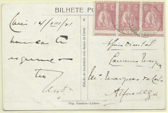 0460.jpg -     Lote:    460            Portugal        Descrição:         1917/20 &mdash; Ceres. CE228, 6C lilás rosa, denteado 12x11 &frac12;. Tira de 3 selos com o denteado deslocado na horizontal, em postal ilustrado circulado de Lisboa (21.08.21) para Lourenço Marques. Raríssima franquia de 18C (postais ilustrados) para as colónias portuguesas, apenas em vigor durante cerca de 7 meses (01.04.21 &mdash; 31.10.21). MB e MR.        PI       Valor Base:     &euro; 50,00     Valor Venda:     &euro; 110,00     