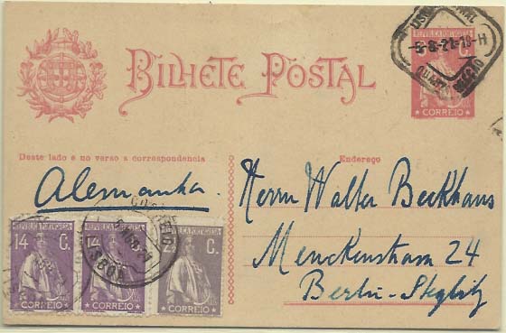 0461.jpg -     Lote:    461            Portugal        Descrição:         1920/22 &mdash; Ceres. Novas taxas e cores. Inteiro postal tipo Ceres de 6C OM68 circulado de Lisboa (06.08.21) para Berlim com selos adicionais de 2 &frac12; C CE211 e par de 14C violeta CE239. MB e R.        IC       Valor Base:     &euro; 30,00     Valor Venda:     &euro; 42,00     