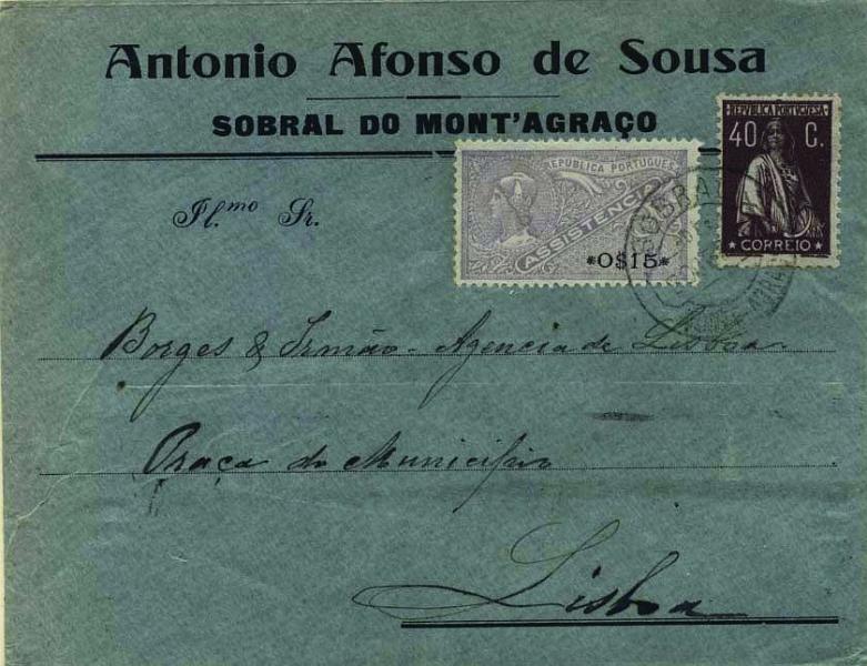 0463.jpg -     Lote:    463            Portugal        Descrição:         1925 &mdash; Imposto Postal "Para os Pobres". Selos de recurso. Sobrescrito circulado de Sobral de Monte Agraço (30.12.25) para Lisboa com selo de 40C tipo Ceres CE283 + selo fiscal de 0$15 da ASSISTÊNCIA PB33, utilizado como selo de recurso por falta de selos do imposto postal. MB e MR.        Carta       Valor Base:     &euro; 40,00     Valor Venda:     &euro; 85,00     