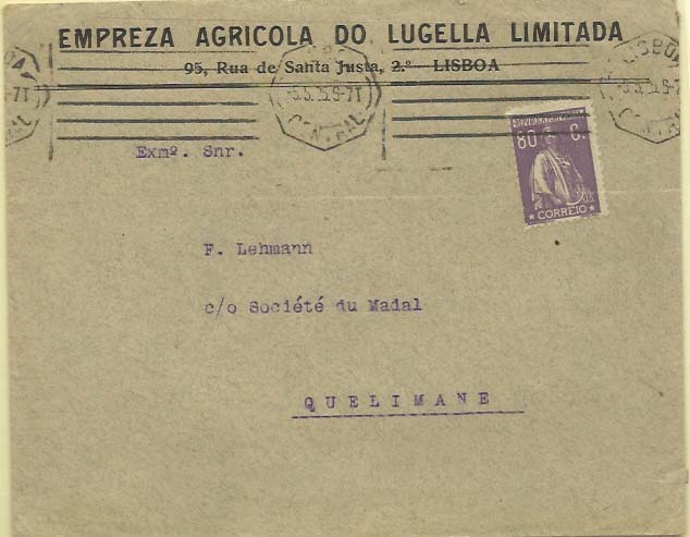 0464.jpg -     Lote:    464            Portugal        Descrição:         1924/26 &mdash; Ceres. Novas taxas e cores. CE286, 80c violeta em carta circulada de Lisboa (05.05.25) para Quelimane.        Carta       Valor Base:     &euro; 10,00     Valor Venda:     &euro; 16,00     