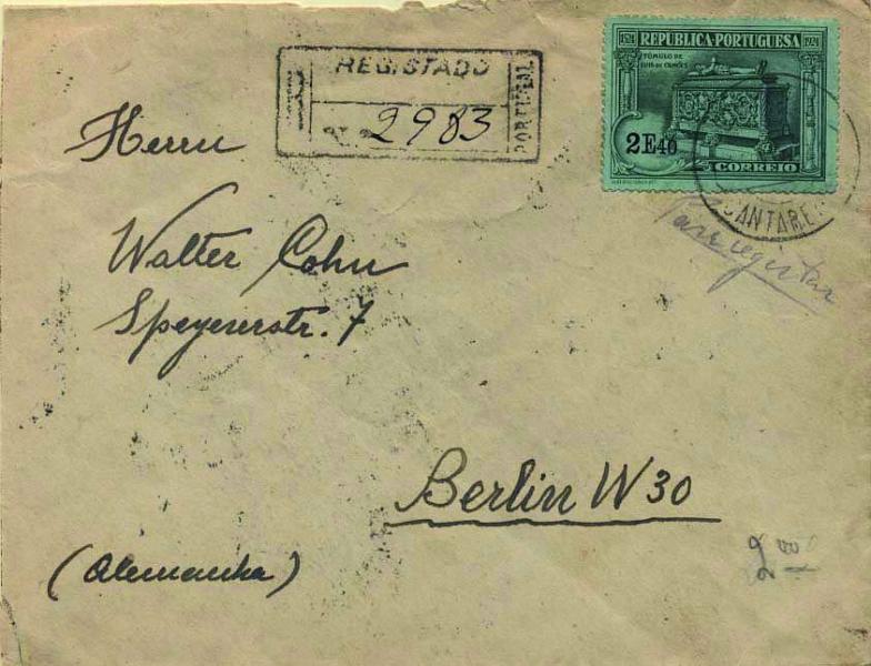 0465.jpg -     Lote:    465            Portugal        Descrição:         1924 &mdash; 4.º Centenário do Nascimento de Luís de Camões. CE324, 2#40 verde s/ verde em sobrescrito circulado registado de Santarém (11.11.24 &mdash; 1.º dia de circulação) para Berlim (17.11.24). MB e MR.        Carta       Valor Base:     &euro; 150,00     Valor Venda:     &euro; 150,00     