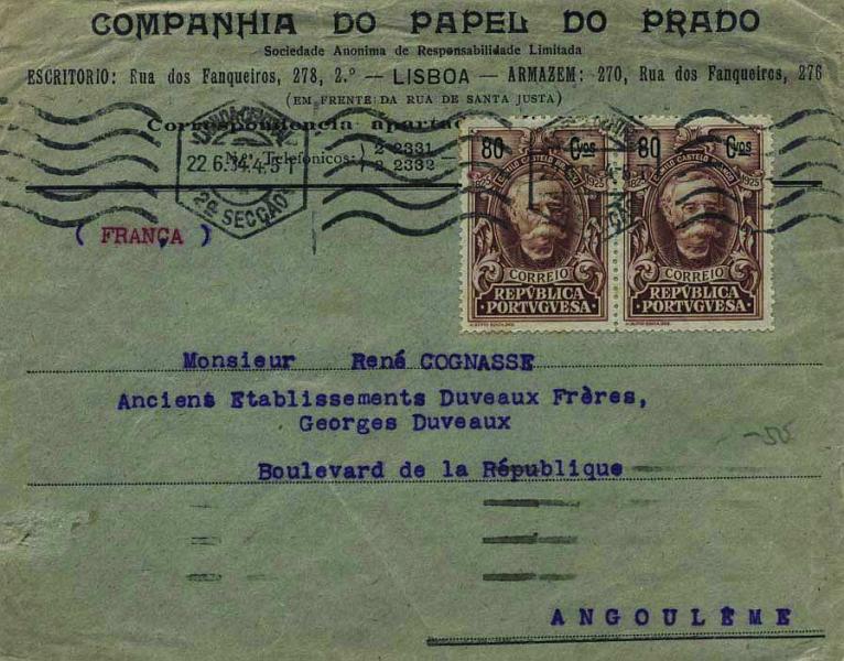 0466.jpg -     Lote:    466            Portugal        Descrição:         1925 &mdash; Centenário do Nascimento de Camilo Castelo Branco * Selos de recurso. Sobrescrito circulado de Lisboa (22.06.34) para Angouleme (25.06.34) com par de selos de 80C castanho, CE348. MB.        Carta       Valor Base:     &euro; 20,00     Valor Venda:     Retirado     