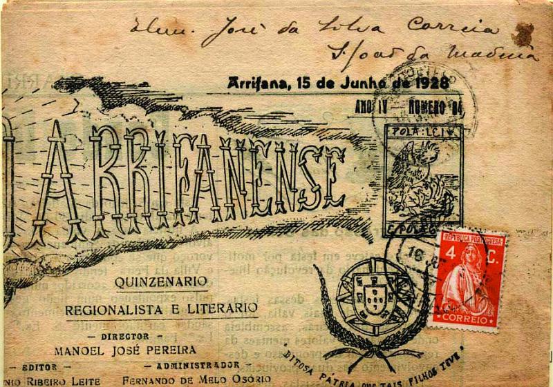 0467.jpg -     Lote:    467            Portugal        Descrição:         1926 &mdash; Ceres. Emissão Londres. Jornal "O Arrifanense" de 15.06.28) circulado de Arrifana (06.06.28) para S. João da Madeira com selo de 4C laranja CE398.        JRN       Valor Base:     &euro; 7,00     Valor Venda:     &euro; 14,00     