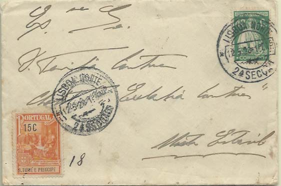0468.jpg -     Lote:    468            Portugal        Descrição:         1928 &mdash; Imposto Postal. Selos de recurso. Monumento ao Marquês de Pombal. Sobrescrito circulado de Lisboa (12.05.28) para o Monte Estoril com selo CE406 + selo do imposto postal de 15C (Plano) da província de S. Tomé e Príncipe utilizada como selo de recurso no Continente. MB.        Carta       Valor Base:     &euro; 25,00     Valor Venda:     &euro; 32,00     