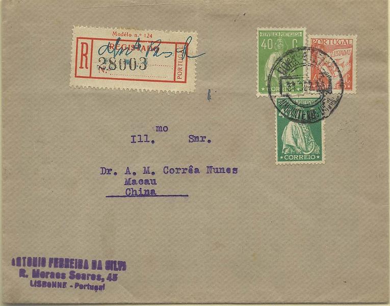 0469.jpg -     Lote:    469            Portugal        Descrição:         1926/31 &mdash; Ceres + Lusíadas. Sobrescrito circulado registado de Lisboa (31.12.35) para Macau (02.02.36) com selos CE406, 503 e 520. Segundo porte + registos (tabela em vigor de 01.01.24-27.07.41).        Carta       Valor Base:     &euro; 15,00     Valor Venda:     &euro; 32,00     