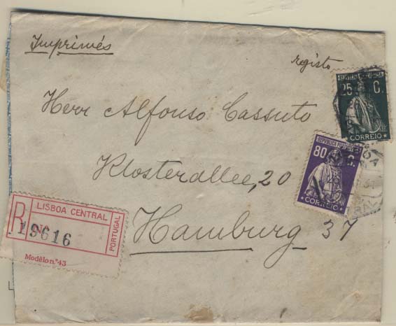 0470.jpg -     Lote:    470            Portugal        Descrição:         1926/30 &mdash; Ceres. Cinta de jornal circulada registada de Lisboa (26.01.31) para Hamburgo (30.01.31) com selos de 80C CE410 e 25C CE501. R.        CNT       Valor Base:     &euro; 15,00     Valor Venda:     &euro; 15,00     
