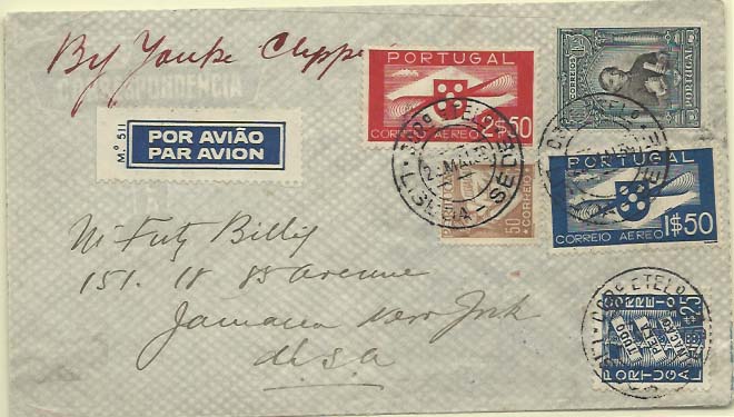 0471.jpg -     Lote:    471            Portugal        Descrição:         1927/41 &mdash; Independência de Portugal (2.ª emissão) + Lusíadas + Tudo pela Nação + Correio Aéreo * Tipo Hélice. Sobrescrito circulado pelo Yankee Clipper de Lisboa (22.05.39) para Nova York (27.05.39) com selos de 1$60 CE433 (de recurso), $50 CE522, $25 CE570 e 1$50 + 2$60 CE CA1/3. MB.        Carta       Valor Base:     &euro; 35,00     Valor Venda:     &euro; 46,00     