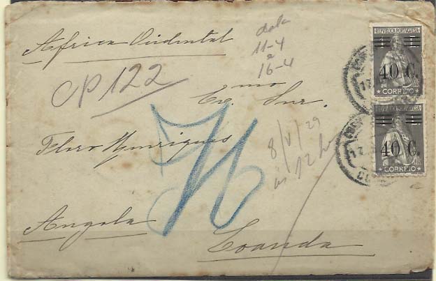 0472.jpg -     Lote:    472            Portugal        Descrição:         1928/29 &mdash; Ceres, com sobretaxa. CE482, 40C s/ 1E ardósia. Par em sobrescrito circulado de Coimbra (17.04.29) para Luanda (04.05.29). Um dos selos com barramento tipo XI. Tipo de barramento não catalogado.        Carta       Valor Base:     &euro; 25,00     Valor Venda:     &euro; 55,00     