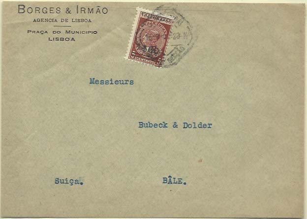 0474.jpg -     Lote:    474            Portugal        Descrição:         1929 &mdash; Imposto Telegráfico, com sobretaxa. CE494, 1$60 S/ 5c castanho vermelho, em papel espesso, sobre carta circulada de Lisboa (10.09.29) para a Alemanha.        Carta       Valor Base:     &euro; 15,00     Valor Venda:     Retirado     