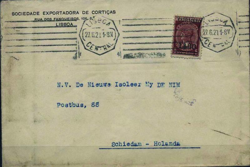 0475.jpg -     Lote:    475            Portugal        Descrição:         1929 &mdash; Imposto Telegráfico. CE494, 1$60 s/ 5c castanho vermelho, papel cartolina em carta circulada de Lisboa (27.06.29) para a Holanda.        Carta       Valor Base:     &euro; 15,00     Valor Venda:     Retirado     