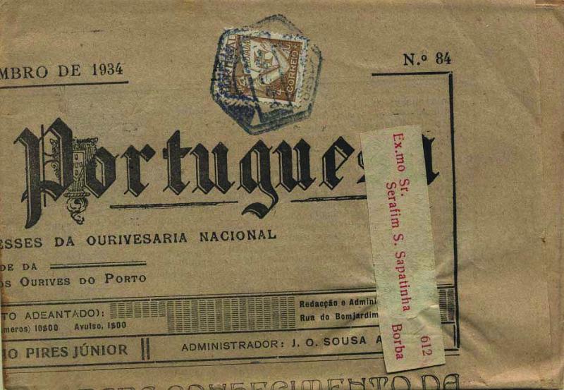 0476.jpg -     Lote:    476            Portugal        Descrição:         1931 &mdash; Lusíadas. CE513, 4c bistre sobre jornal "Ourivesaria Portuguesa", edição de 15.09.34, circulado do Porto (19.09.34) para Borba.        JRN       Valor Base:     &euro; 6,00     Valor Venda:     Retirado     