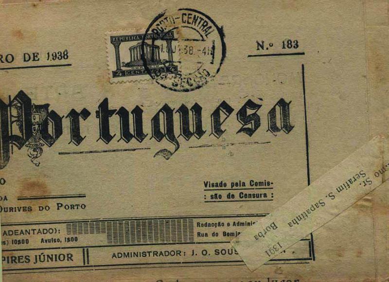 0477.jpg -     Lote:    477            Portugal        Descrição:         1935/36 &mdash; Templo de Diana. CE565, 4c preto sobre jornal "Ourivesaria Portuguesa", edição de 01.10.38, circulado do Porto (01.10.38) para Borba.        JRN       Valor Base:     &euro; 6,00     Valor Venda:     Retirado     