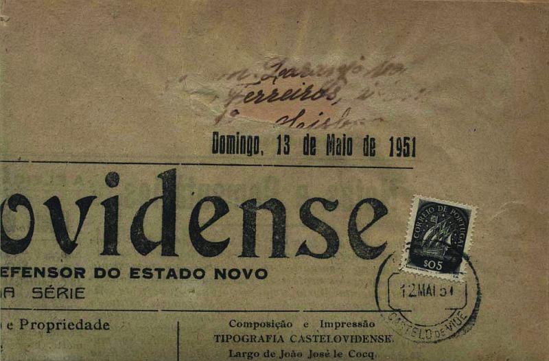 0479.jpg -     Lote:    479            Portugal        Descrição:         1943 &mdash; Caravela. CE617, $05 preto sobre jornal "O Castelovidense", edição de 13.05.51, circulado de Castelo de Vide (12.05.51) para Lisboa.        JRN       Valor Base:     &euro; 5,00     Valor Venda:     &euro; 6,00     